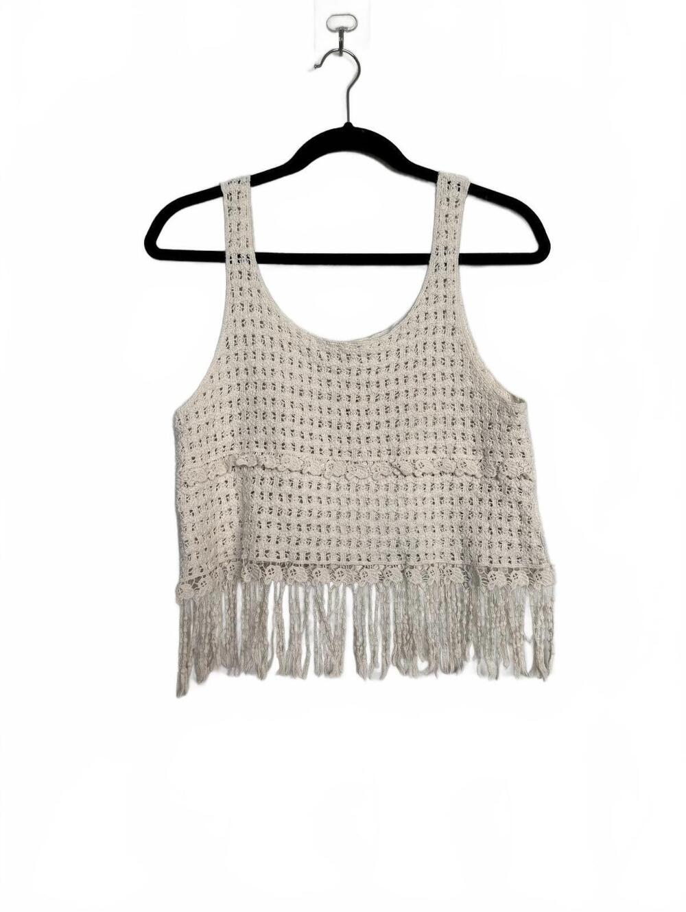 Bohemian Cream Crochet Crop Tank Top with Fringe